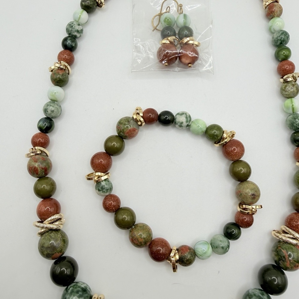 Necklace, Bracelet, Earring Jewelry Set of 3 Beads Green Brown Gold NEW Pierced - Picture 6 of 10